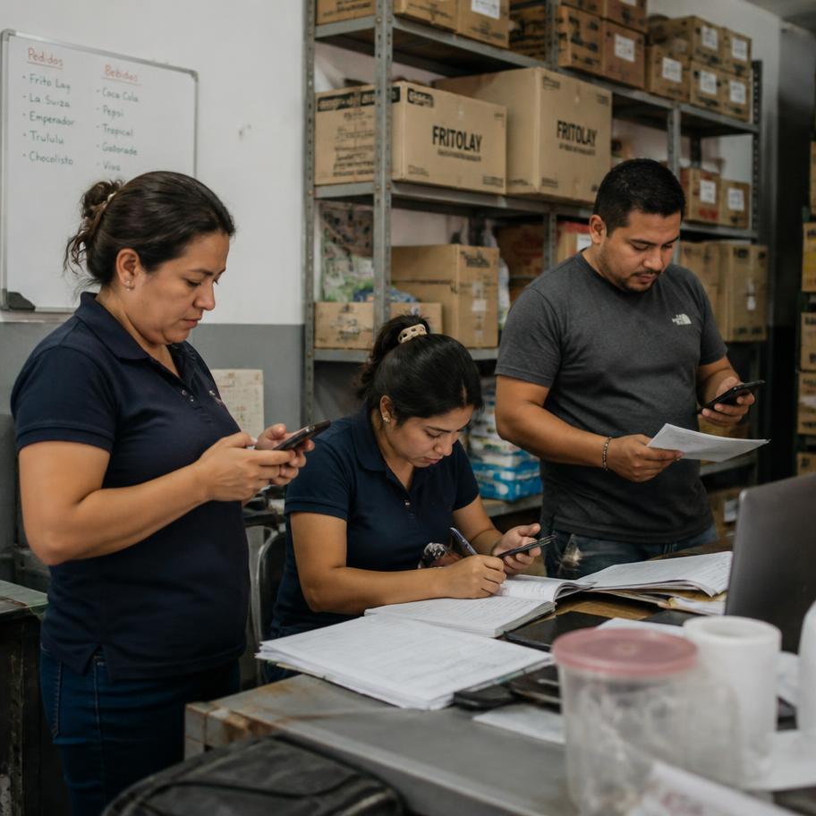 Equipo comercial revisando pedidos en una bodega