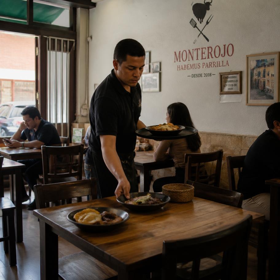 Mesero sirviendo platos en un restaurante colombiano