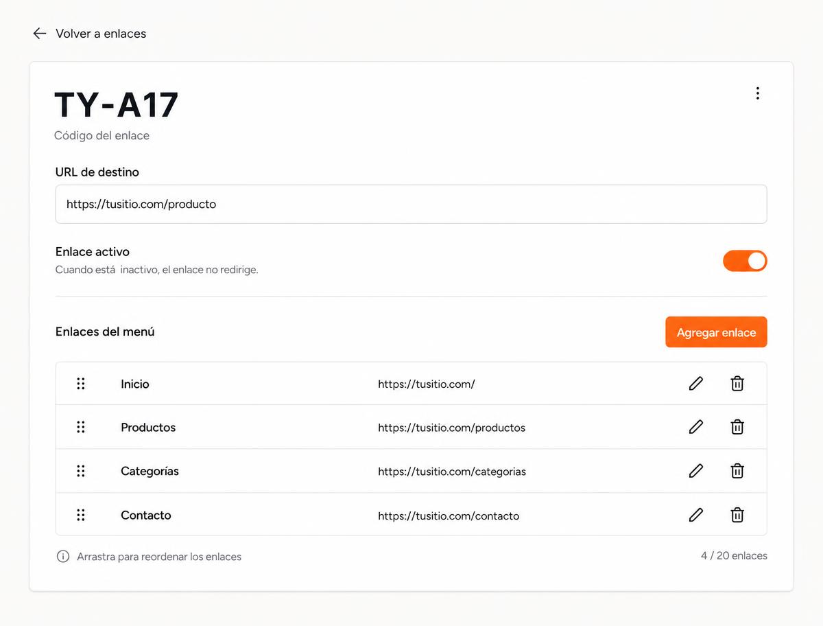 Panel de Tap-Ya con el editor de destino y la lista de enlaces de una tarjeta
