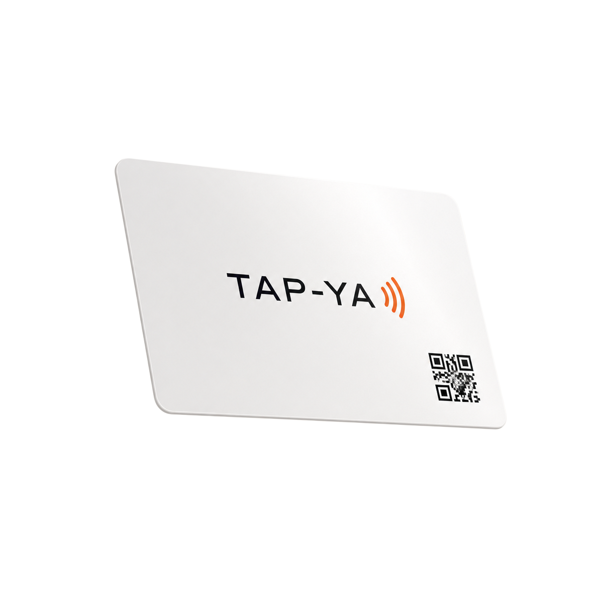 Tarjeta Tap-Ya de PVC blanco mate con logo, ondas NFC en naranja y código QR impreso