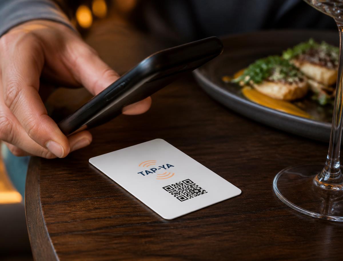 Una mano acerca un celular a la tarjeta Tap-Ya blanca sobre una mesa de madera